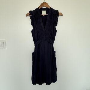 Anthropologie Odille Dress Sz 0 Navy Ruffle Sleeveless Pockets Lined Boho